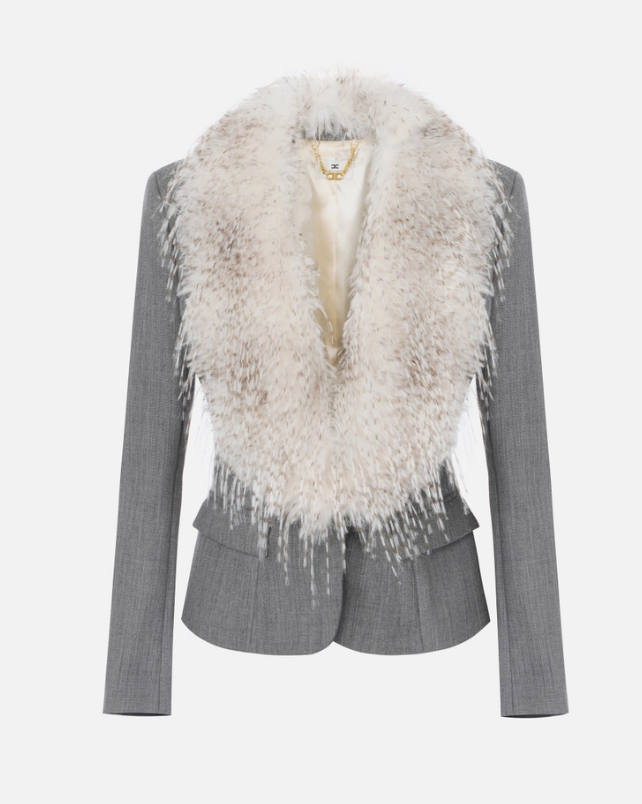 WOOL JACKET WITH FUR-EFFECT COLLAR 